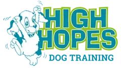 A cartoon of a dog with glasses and a high hope logo.